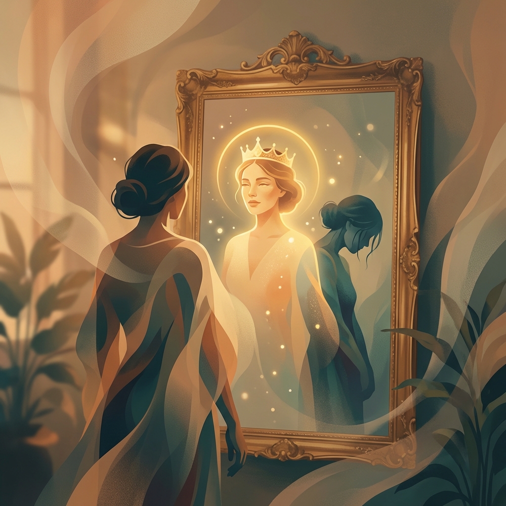 Ce înseamnă narcisist - ilustrație artistică cu persoană privind în oglindă, concept psihologic