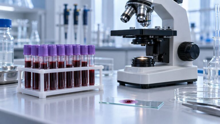 Microscop de laborator și eprubete pentru analize sanguine așezate pe o masă medicală curată.