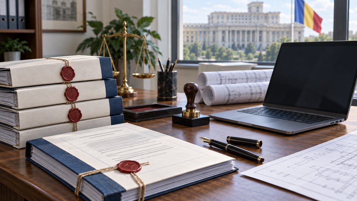 Dosare de achiziții publice cu ștampile oficiale și un laptop deschis pe un birou de lucru.