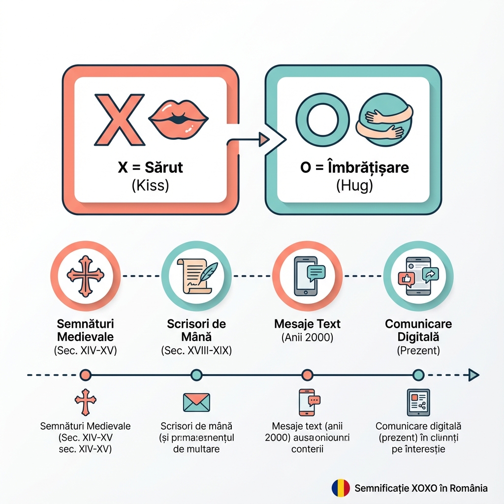 Infografic XOXO: X înseamnă sărut din Evul Mediu, O înseamnă îmbrățișare - evoluția de la semnături medievale la comunicarea digitală modernă