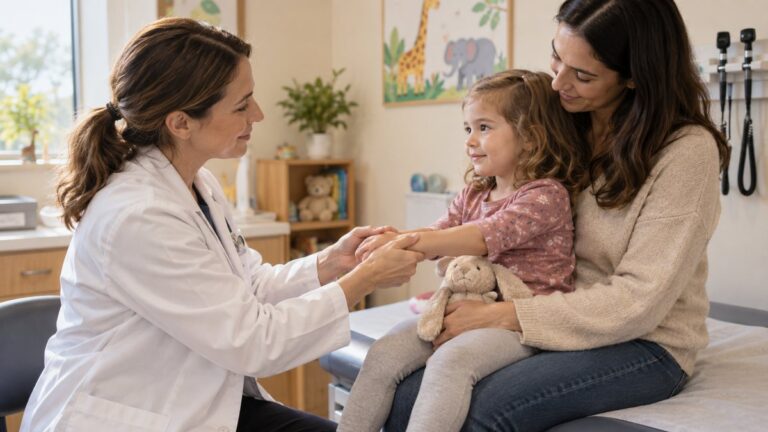 Medic pediatru examinând mâinile unui copil așezat în poala mamei, într-un cabinet luminos.