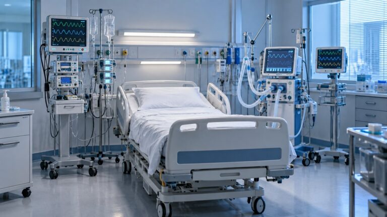 Salon modern de terapie intensivă cu pat medical, monitoare de semne vitale și stativ de perfuzie.