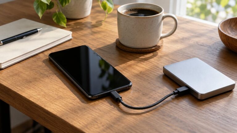 Smartphone conectat prin cablu la un hard disk extern, pe un birou din lemn, lângă o agendă și o ceașcă de cafea.