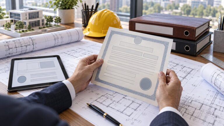 Dosare de activitate economică, cască de protecție și documente de firmă pe biroul unui antreprenor.