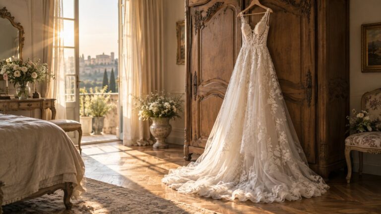 Rochie albă de mireasă din dantelă fină atârnată pe un dulap vintage din lemn într-o cameră luminoasă.
