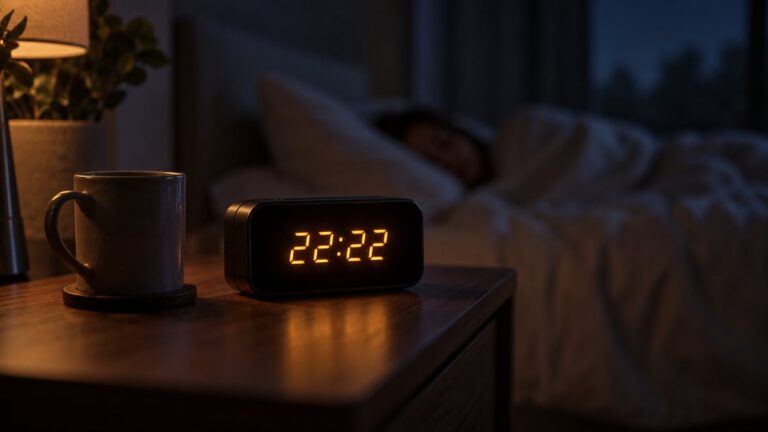 Ceas digital de noptieră iluminat discret în întuneric, afișând ora fixă douăzeci și două și douăzeci și două.