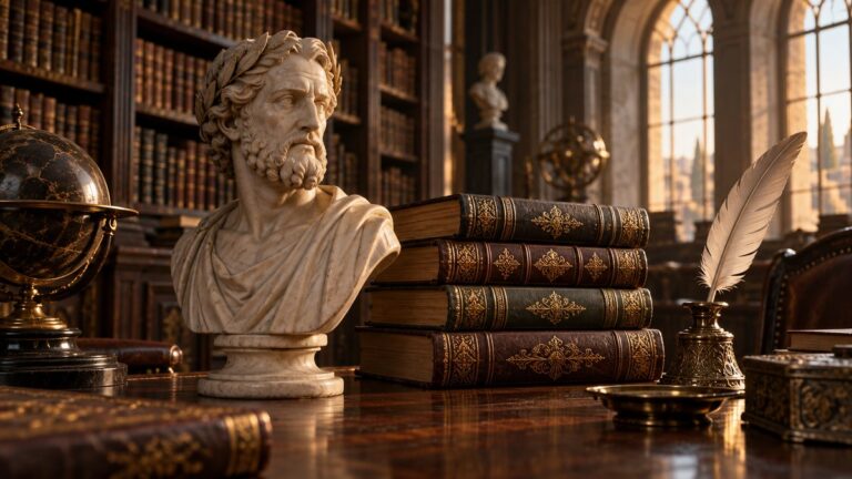 Bust clasic din marmură și volume vechi legate în piele pe o masă din lemn într-o bibliotecă.