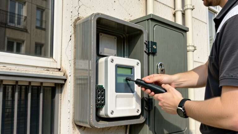 Un tehnician verifică un contor electric montat pe o clădire de apartamente.