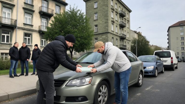 Un șofer și un reprezentant verifică o lovitură mică la mașină.