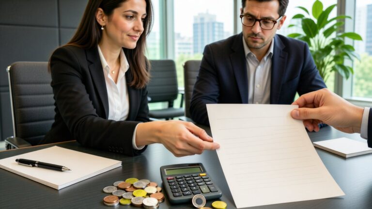 Un angajat discută cu un contabil despre fluturașul de salariu.