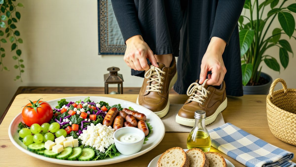 O masă echilibrată și pantofi de mers sugerează alimentația și mișcarea.