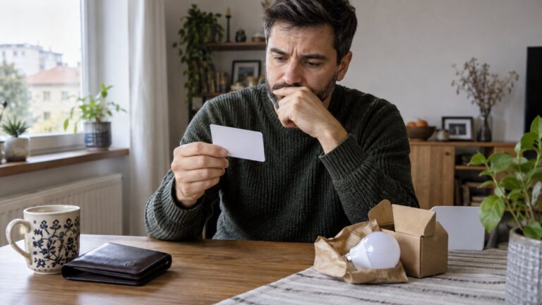 Un bărbat privește îngrijorat un card bancar, lângă un portofel și un bec nou, pe masă.