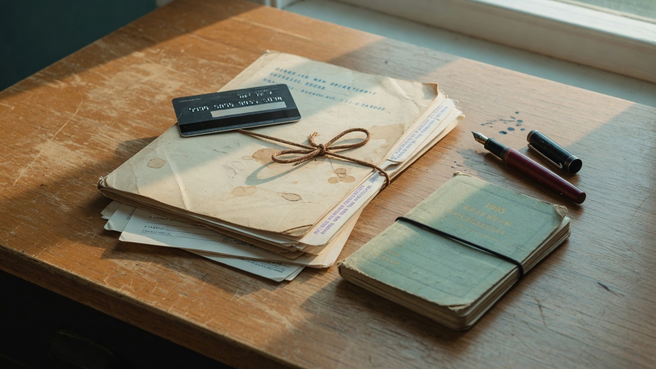 Dosar vechi, card și carnet pe un birou de lemn, analog vizual pentru istoria Băncii Române pentru Dezvoltare