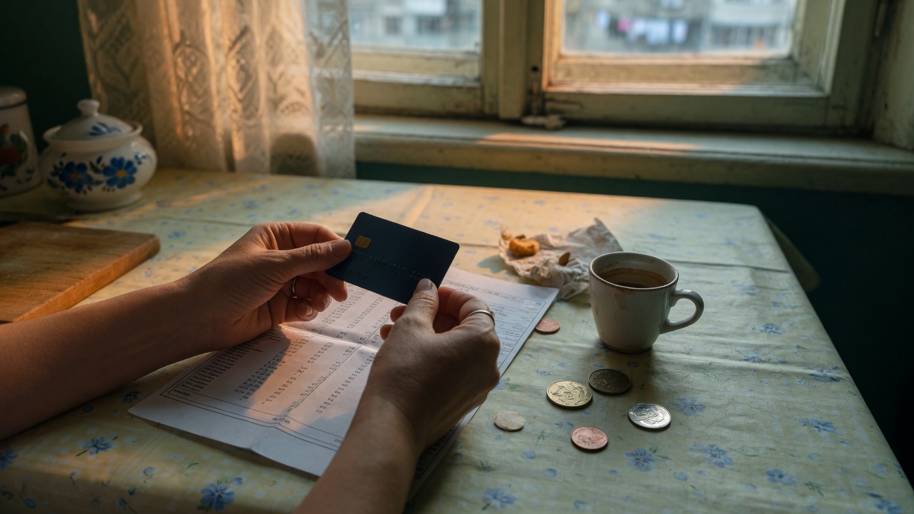 Mâini ținând un card bancar deasupra unui extras de cont, analog vizual pentru ce înseamnă BRD pe card