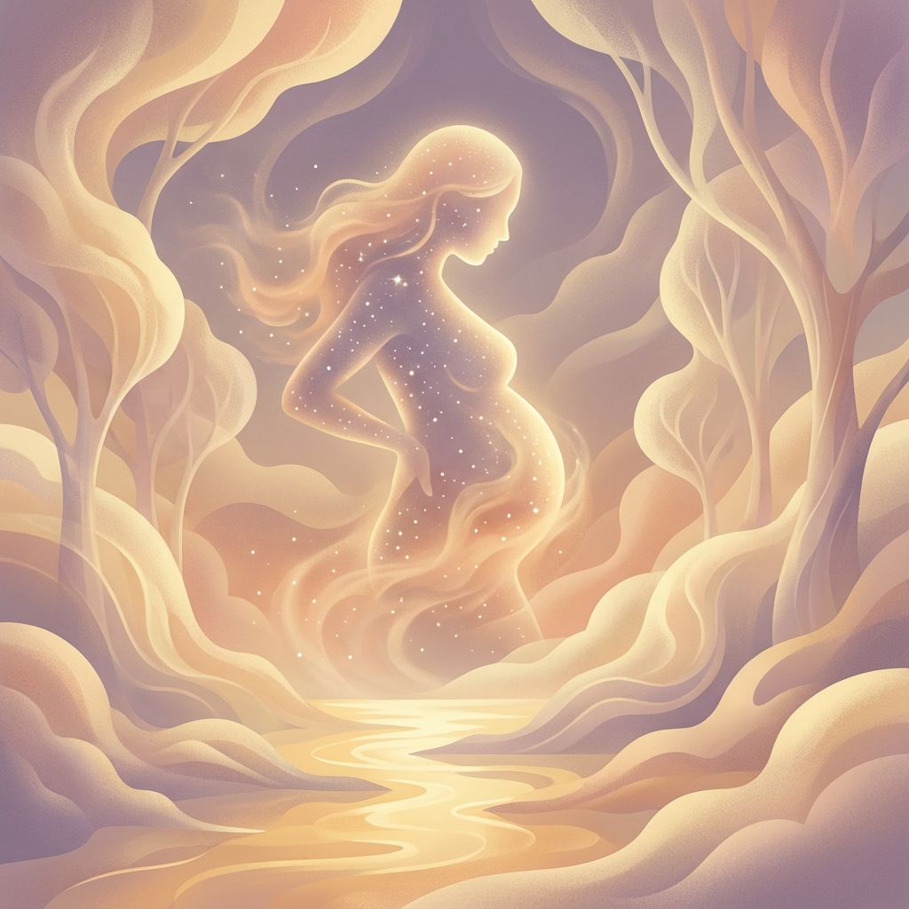 Ilustratie artistica cu o silueta feminina stralucitoare simbolizand sarcina in vis