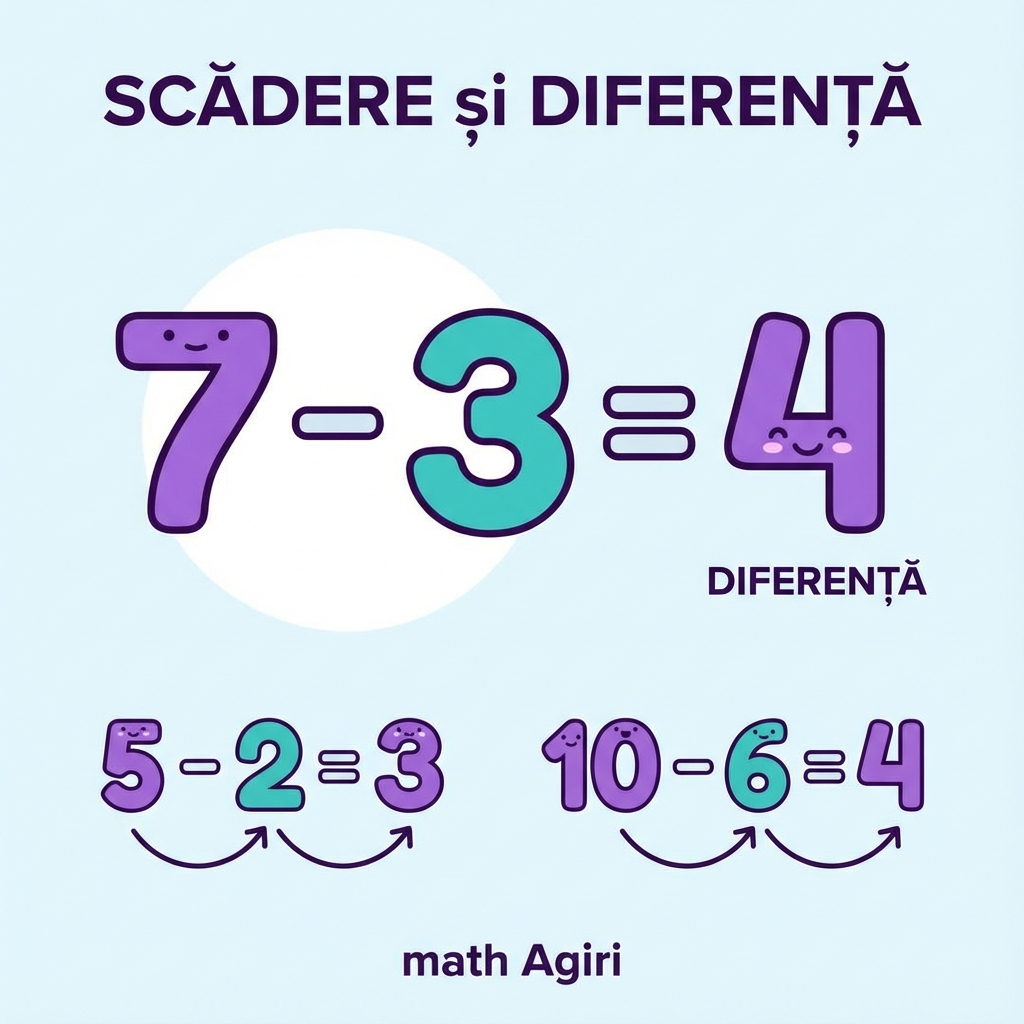 Ilustrație educativă despre scădere și diferența numerelor