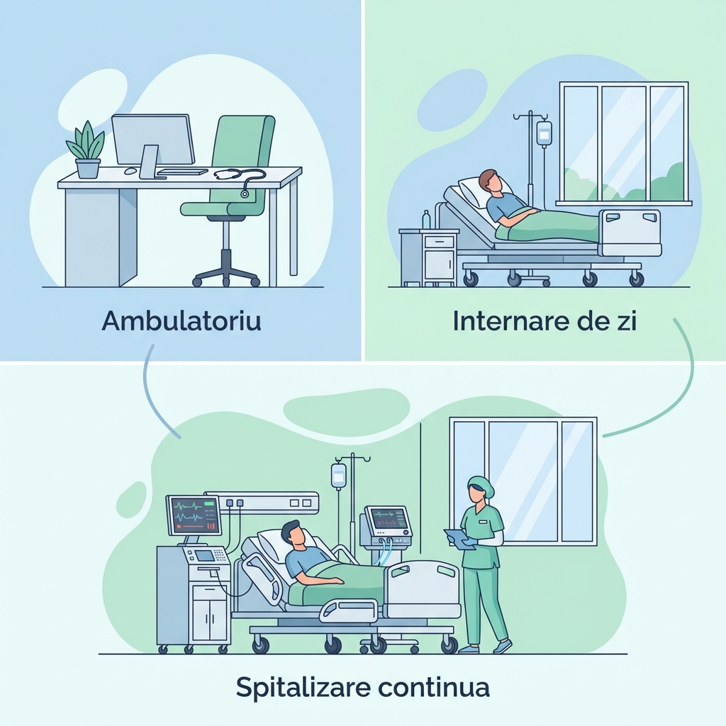 Infografic comparativ Ambulatoriu vs Spitalizare de zi vs Spitalizare continua