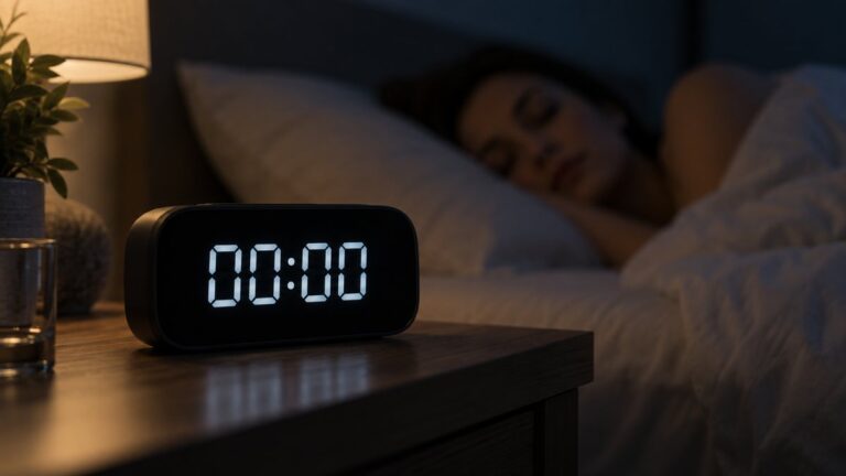 Un ceas digital simplu arată ora 00:00 într-un dormitor întunecat.