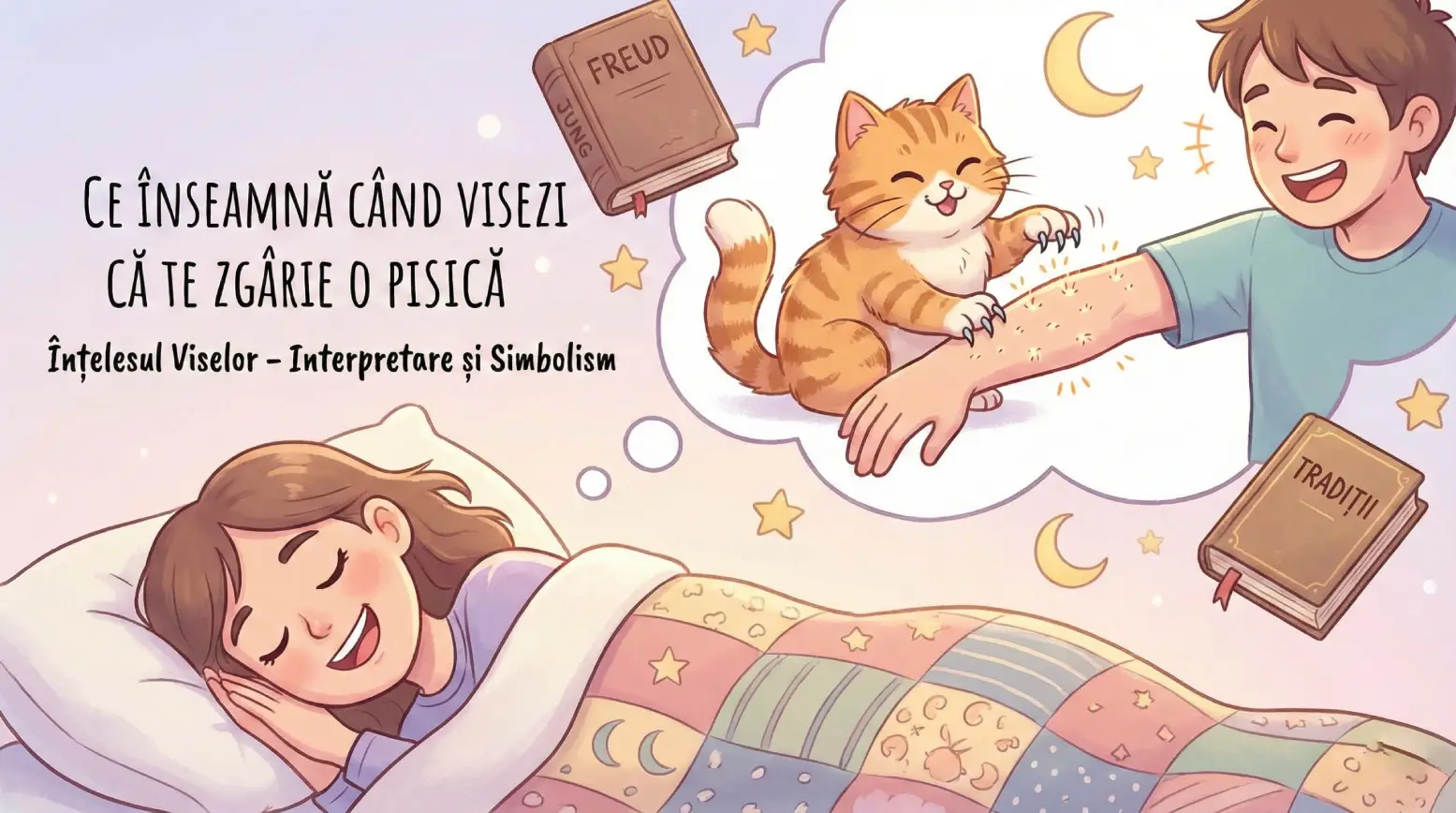 desen animat reprezentand o fata care viseaza ca cineva este zgariat the o pisica in vis