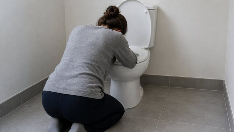 Un adult stă aplecat lângă toaletă, într-o scenă calmă și discretă.