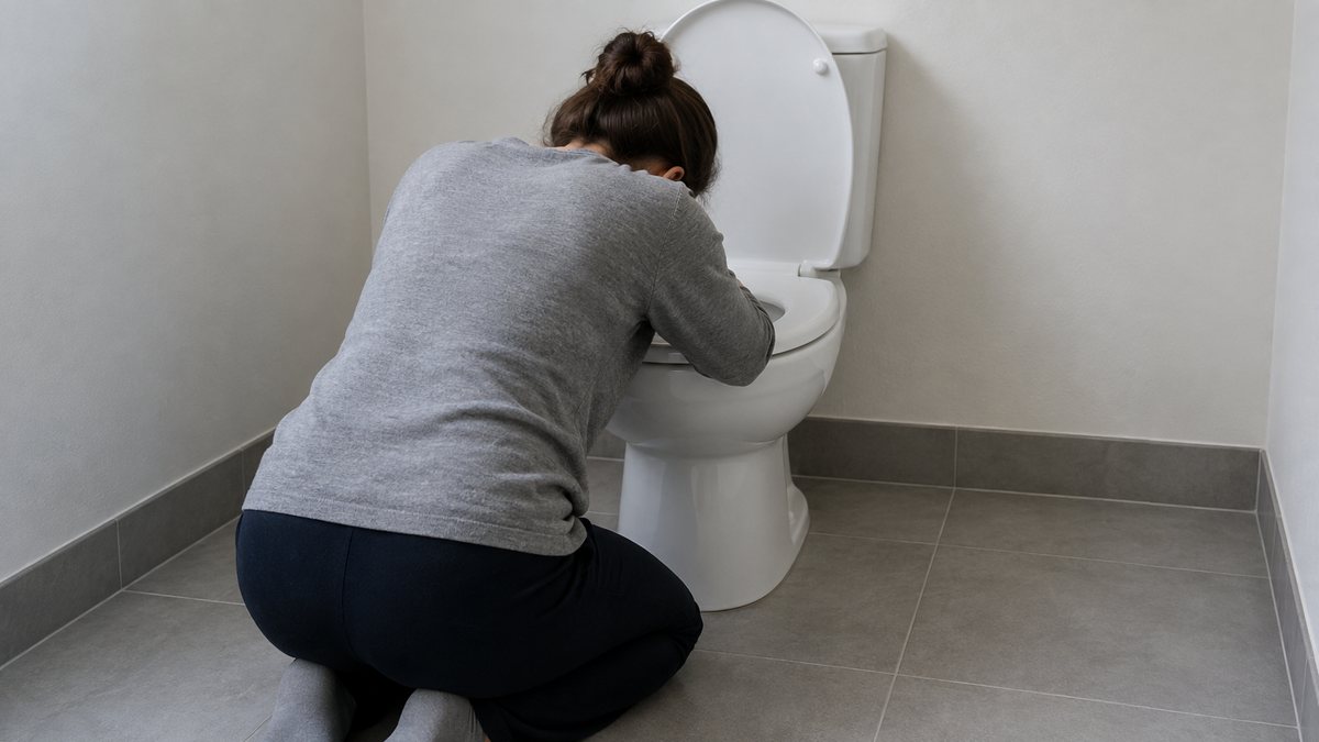 Un adult stă aplecat lângă toaletă, într-o scenă calmă și discretă.