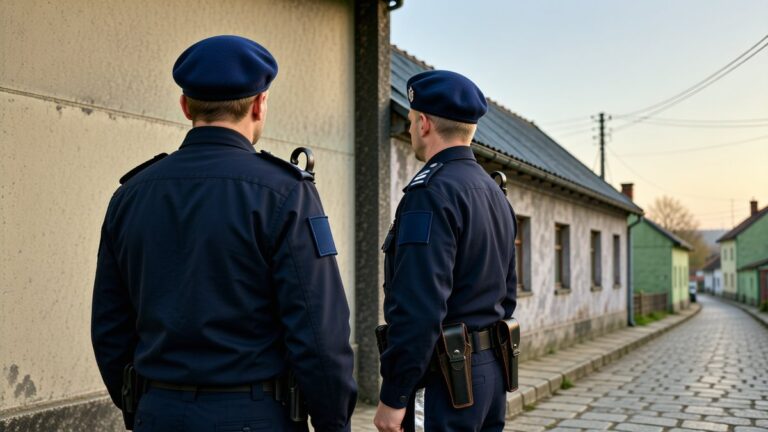Doi jandarmi în uniforme închise stau pe o stradă de sat.