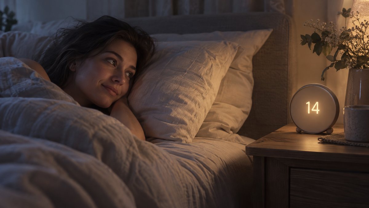 Numărul 14 apare luminos pe un cadran simplu lângă un adult trezit.