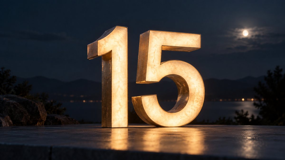Numărul 15 luminează simplu pe un fundal întunecat.