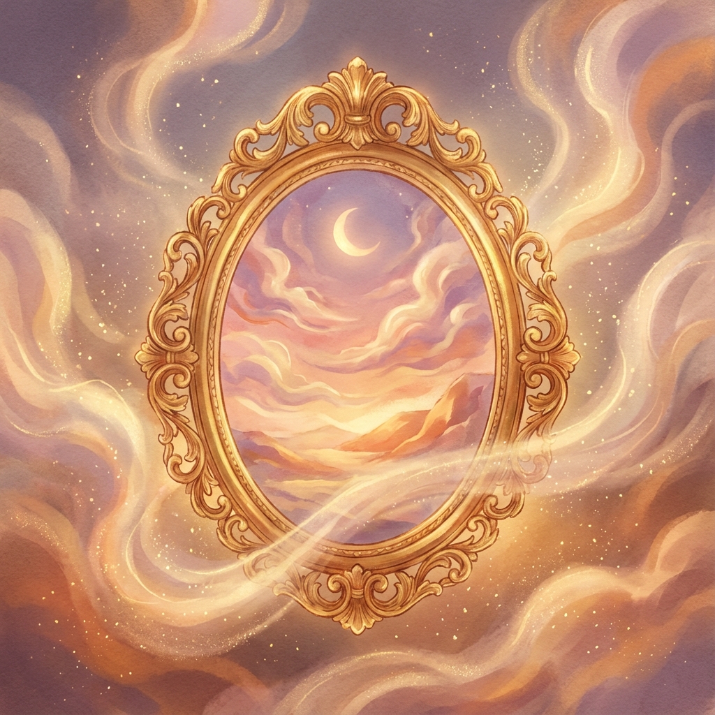 Ramă mare aurită plutind eteric - simbol al perspectivei în vise