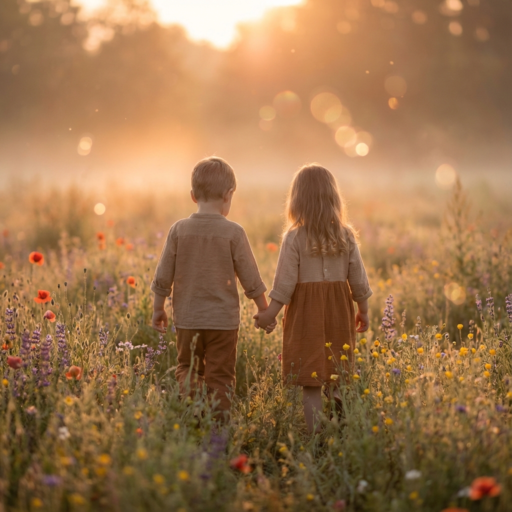 Doi copii mici ținându-se de mână într-o pajiște, simbol al inocenței și noilor începuturi în vise