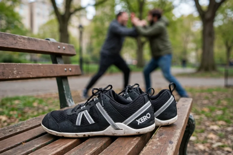 o pereche de pantofi barefoot (xero prio) pe o banca in parc - doi barbati pe fundal