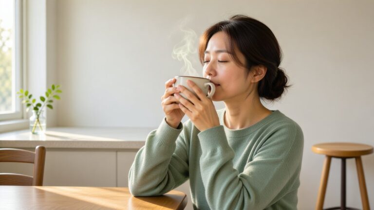 Un adult bea cafea dintr-o ceașcă simplă, la masa din bucătărie.