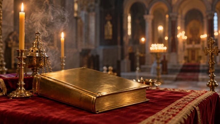 Evanghelie închisă, cu copertă aurie, pe o masă de altar acoperită cu pânză roșie, lângă lumânări aprinse.
