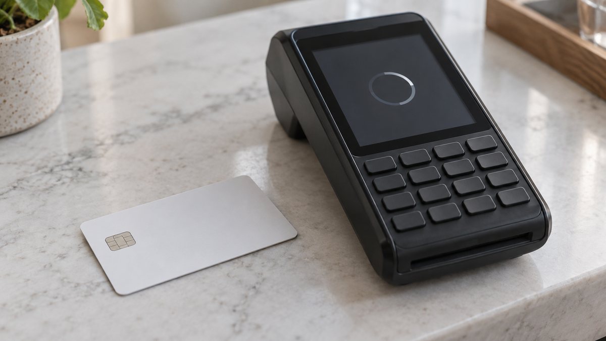 Card bancar lângă un terminal de plată cu indicator neutru de procesare.