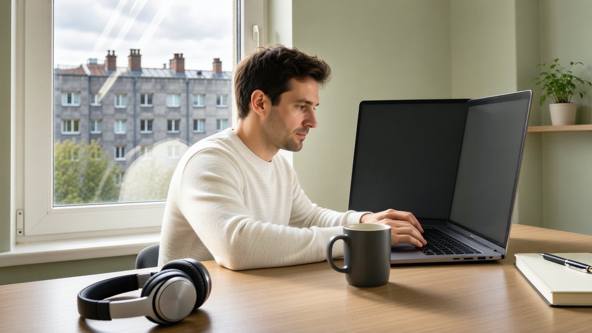 Un adult lucrează la laptop, de acasă, într-un apartament.
