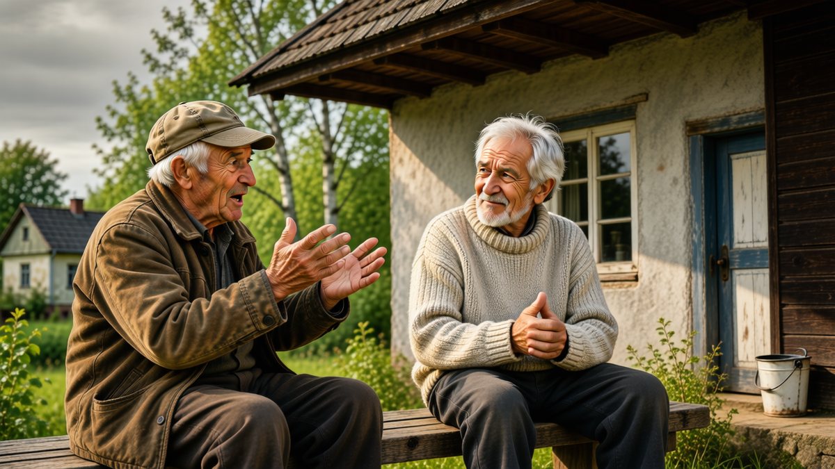 Doi săteni discută pe o bancă în fața unei case.