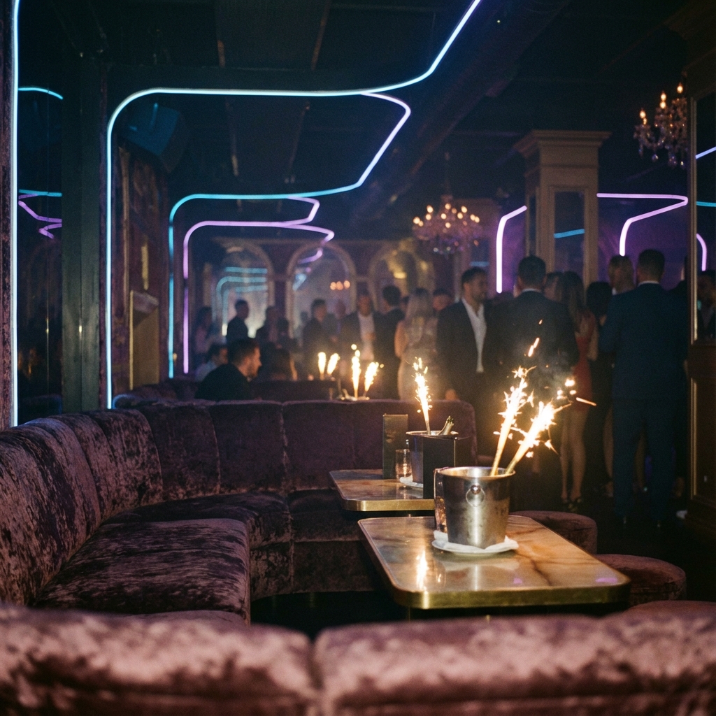 Atmosferă VIP într-un club exclusivist cu șampanie și lumini