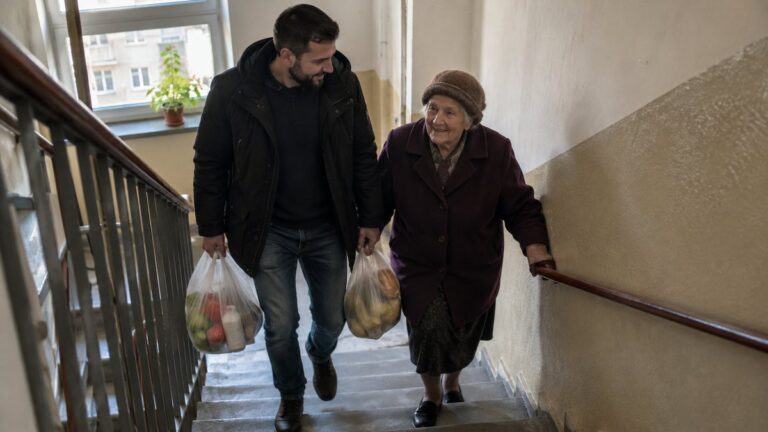 Un bărbat cară sacoșele cu cumpărături ale unei vecine în vârstă, în timp ce urcă împreună scările blocului.