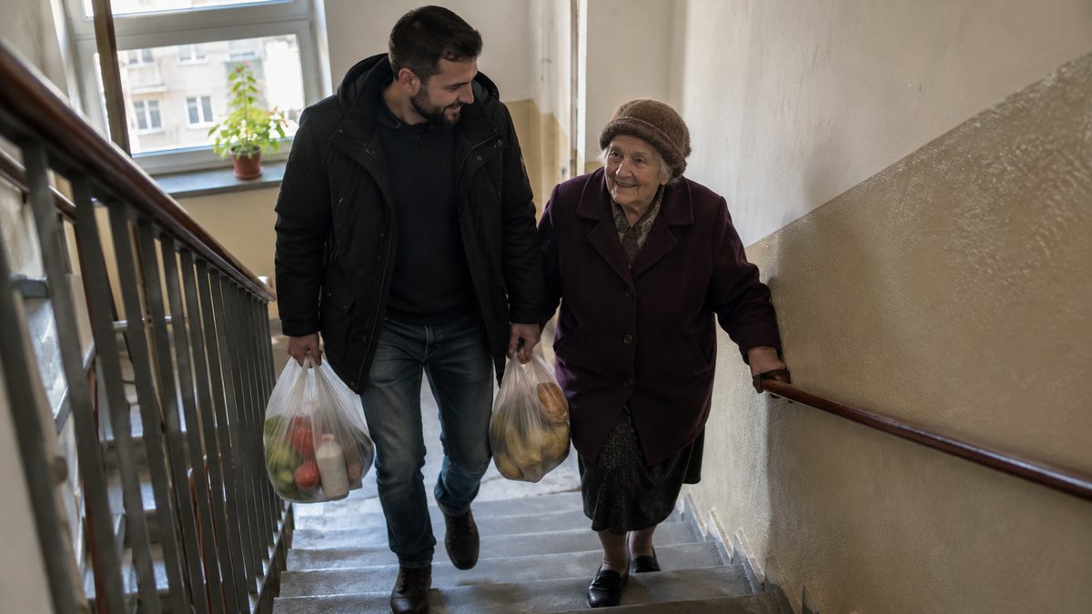 Un bărbat cară sacoșele cu cumpărături ale unei vecine în vârstă, în timp ce urcă împreună scările blocului.