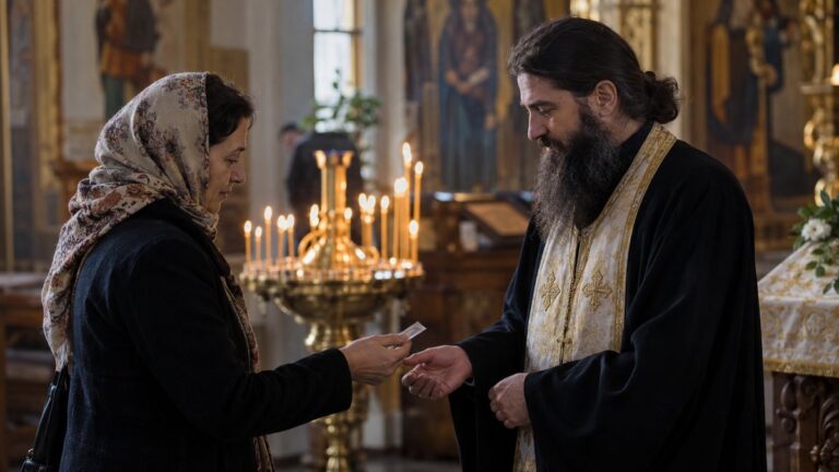 Un adult oferă discret o donație unui preot într-o biserică ortodoxă.