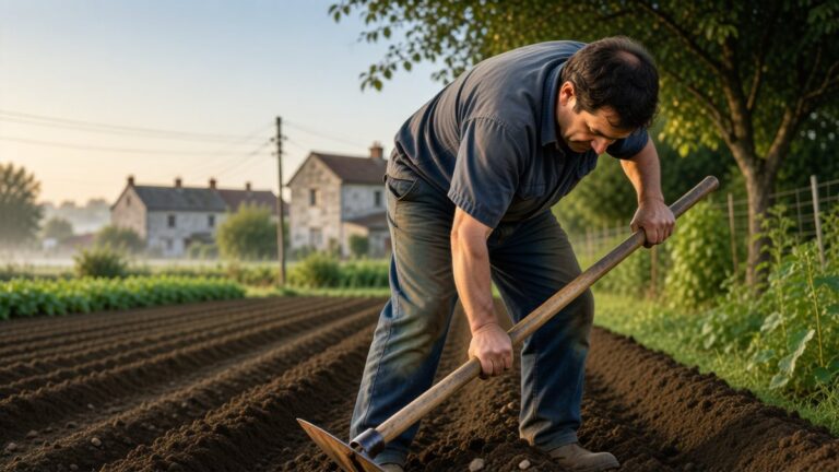 Un agricultor întoarce pământul cu sapa într-o grădină de la sat.