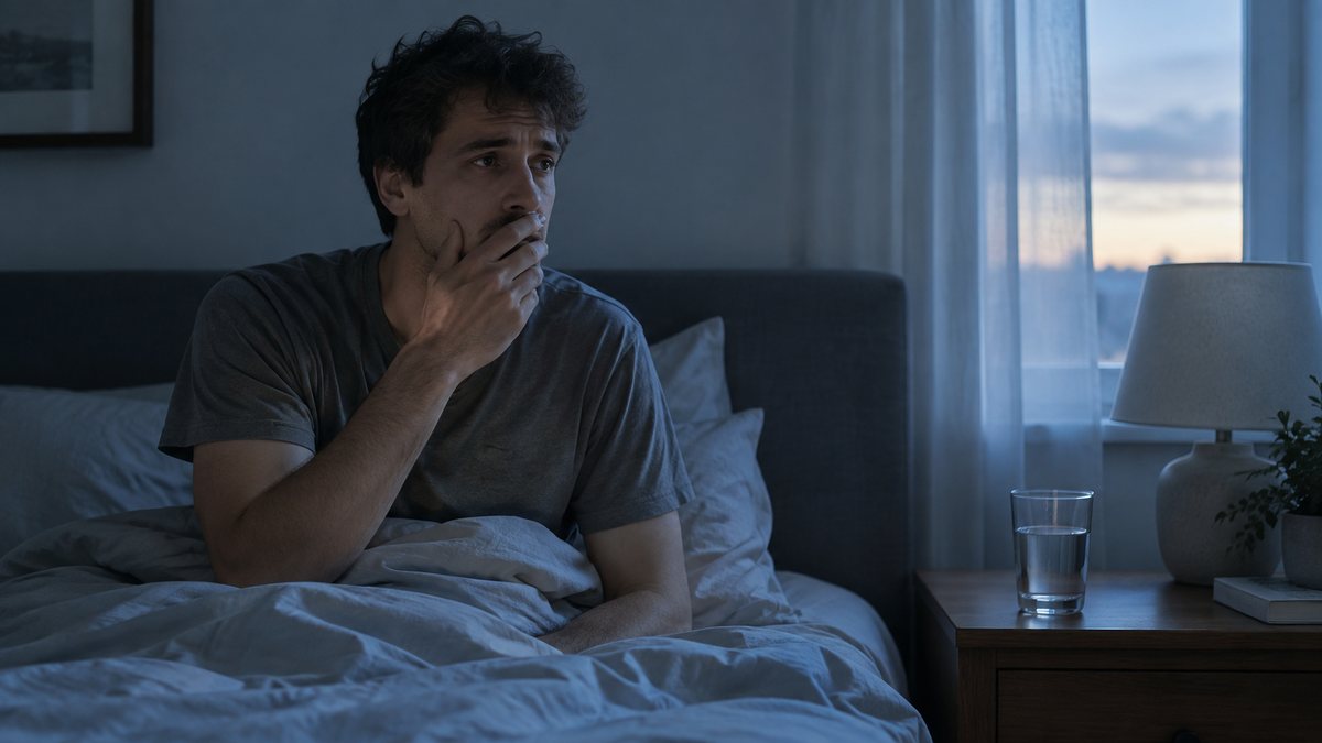 Persoană trezindu-se îngândurată în pat lângă o noptieră cu un pahar cu apă, în lumină matinală.