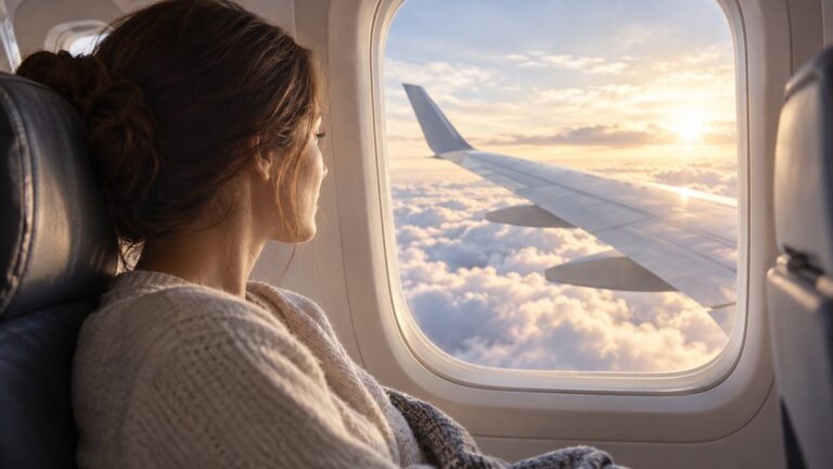 Un pasager privește norii prin hubloul avionului.