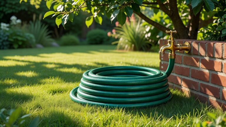 Furtun de grădină verde strâns ordonat pe iarbă lângă un robinet de apă din alamă.