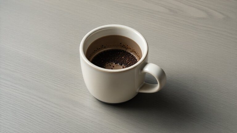Zaț întunecat rămas pe fundul unei cești simple de cafea.
