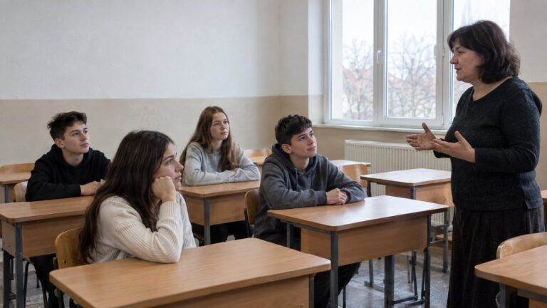 Elevi de gimnaziu ascultă profesoara într-o sală de clasă românească.
