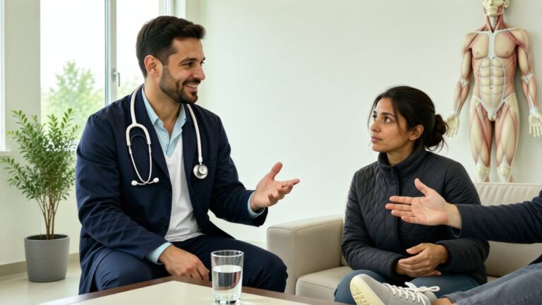 Un medic discută cu o pacientă în timpul unei consultații.