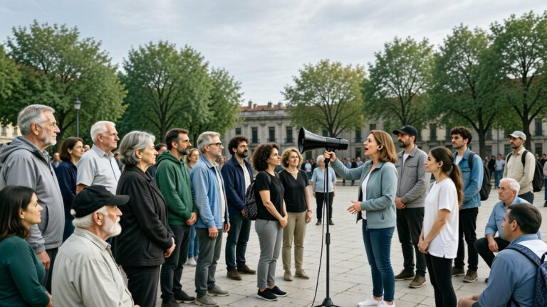 Adulți ascultă un vorbitor cu megafon într-o piață urbană din România.