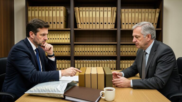 Un procuror și un anchetator examinează dosare închise la birou.