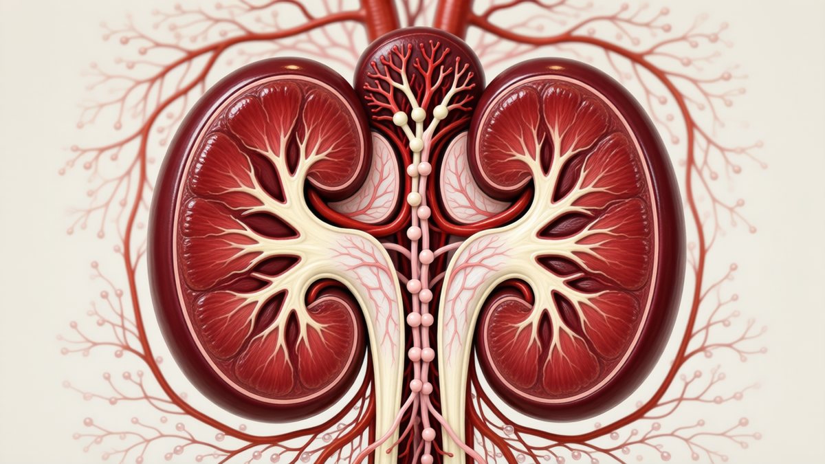 Ilustrație anatomică realistă a rinichilor și vaselor de sânge.